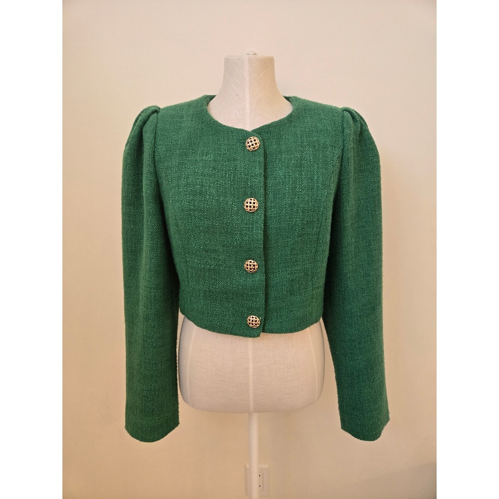 Endless Rose Emerald Green Cropped Tweed Jacket Gold Button Blazer Medium